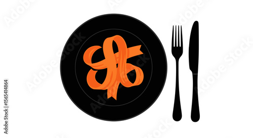 Artistic orange pasta swirl on a black plate with cutlery on a transparent background with copy space
