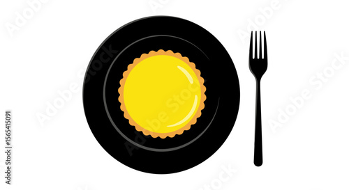 Artistic presentation of a yellow tart on a black plate with a fork on a transparent background with copy space
