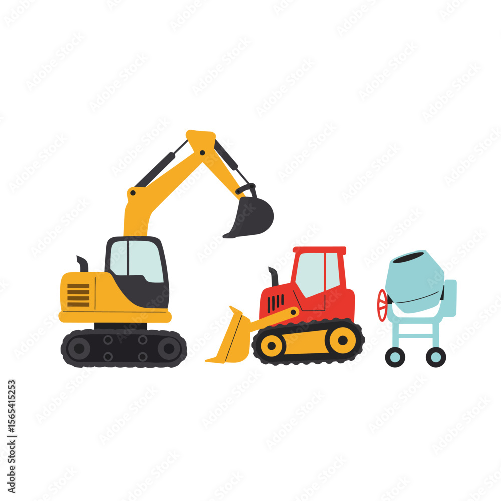 Construction vehicles: excavator, bulldozer, cement mixer. Construction vehicles: excavator, bulldozer, cement mixer.
