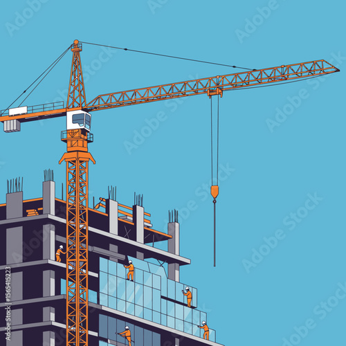 Construction workers on a skyscraper under construction, with a large crane overhead.