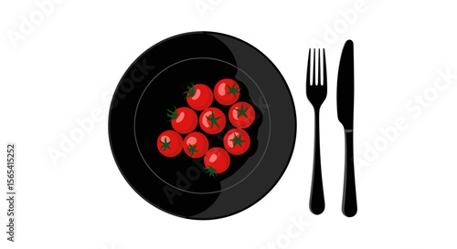 Artistic presentation of cherry tomatoes on a black plate with cutlery on a transparent background with copy space
