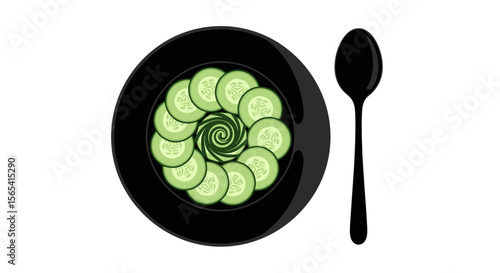 Artistic presentation of cucumber slices in a spiral on a black plate with a spoon on a transparent background with copy space