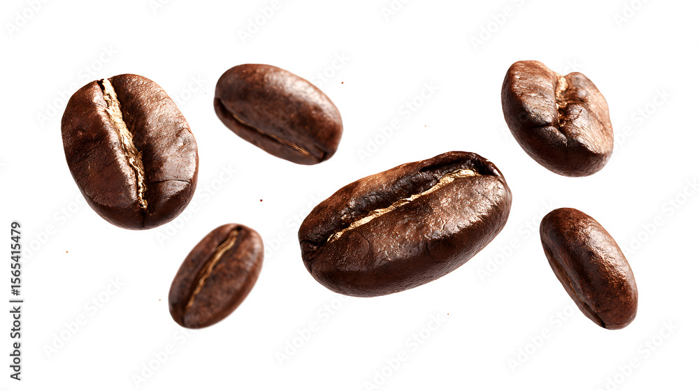 Obraz premium A set of perfectly retouched coffee beans air flies through space, isolated on a white background