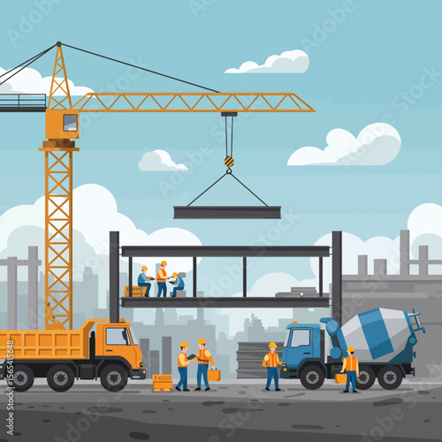 Construction workers build a structure using a crane, trucks, and prefabricated beams.