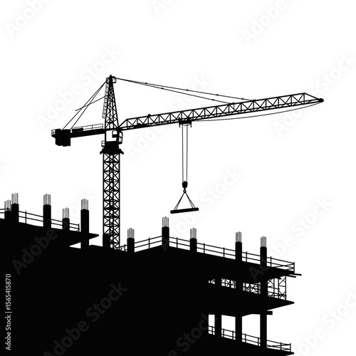 Construction crane overlooking a building's skeletal frame during its early stages of development.