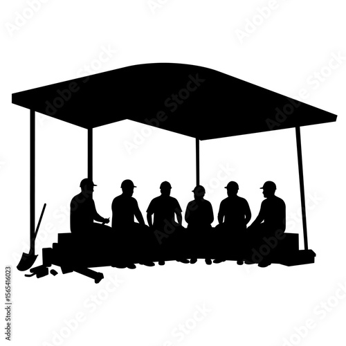 Construction workers take a break under a simple shelter, resting amidst their tools and materials.