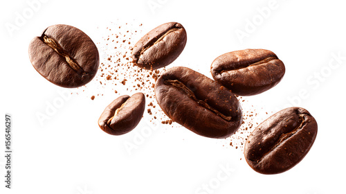 A set of perfectly retouched coffee beans air flies through space, isolated on a white background
