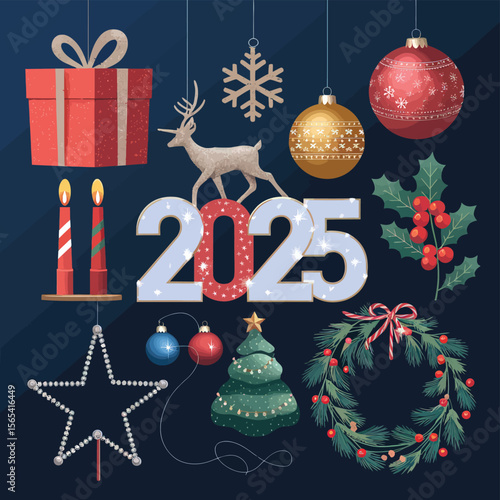 vector Happy New Year Celebrating 2025 in Latin letters , Christmas Decoration Items Santa Claus