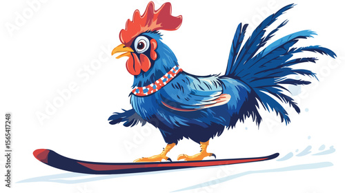 Cartoon Blue Rooster Chicken Skiing Illustration