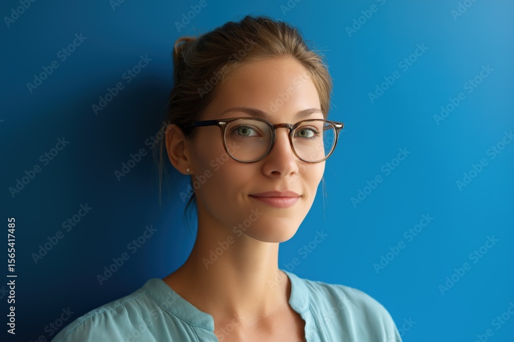 Fototapeta premium Confident caucasian female young adult wearing glasses against blue background