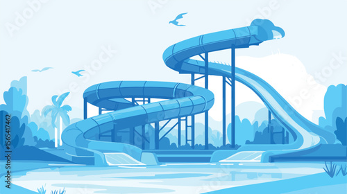 Vibrant Blue Slide Water Park Flat Vector Illustration