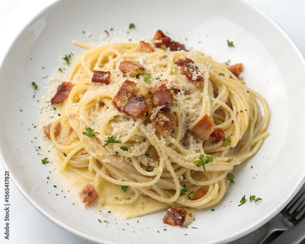 Whole Carbonara Spaghetti Plate on White Background in Realistic Food View Whole Carbonara Spaghetti Plate on White Background in Realistic Food View