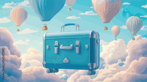 Travel Concept with Blue Suitcase and Air Balloons in Flat Vector Design
