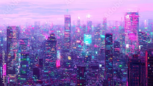 A futuristic cityscape at dusk, illuminated by vibrant neon lights.