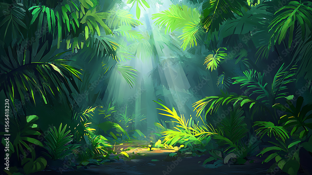 Fototapeta premium A lush green jungle with a path leading through it