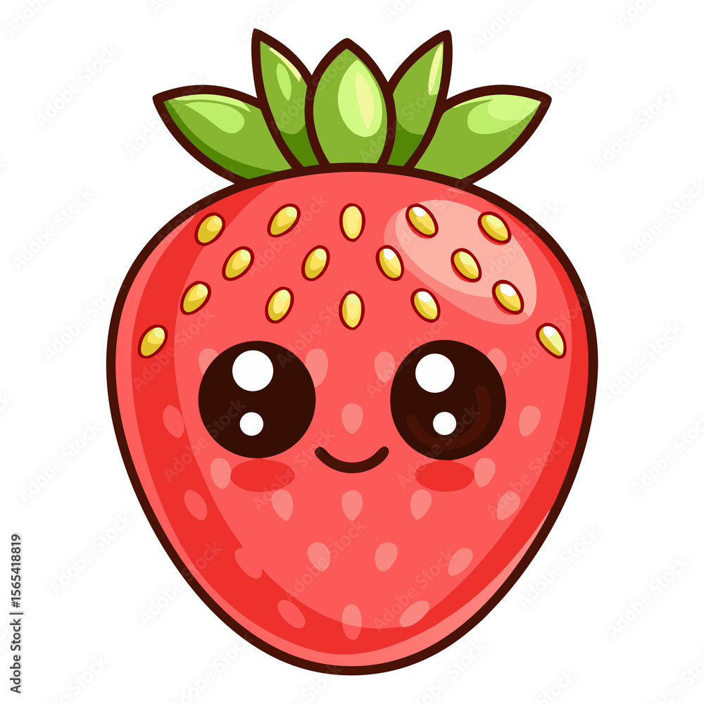 Obraz premium A cute kawaii strawberry character with a smiling face on a bright transparent background ideal for cheerful designs or decorations, Cute kawaii strawberry fruit on a transparent background