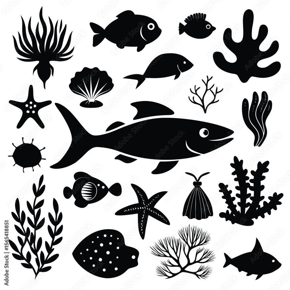 Fototapeta premium Sea Animals and Algae Silhouette Set Marine Life Vector on White Background