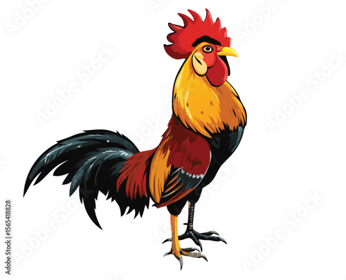 Vibrant Red Orange and Black Rooster Illustration Detailed Feathers Bird Animal Farm Poultry Cock