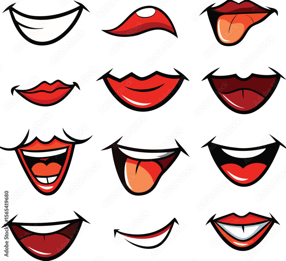 Cartoon Mouths Expressions Set Red Lips Tongue Smile Open Wide Grinning vector Cartoon Mouths Expressions Set Red Lips Tongue Smile Open Wide Grinning vector