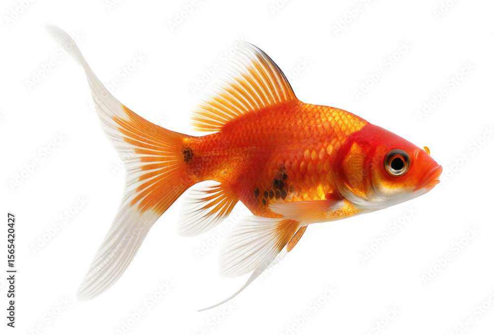 Vibrant orange goldfish swimming gracefully with long flowing fins on a clean white background Vibrant orange goldfish swimming gracefully with long flowing fins on a clean white background