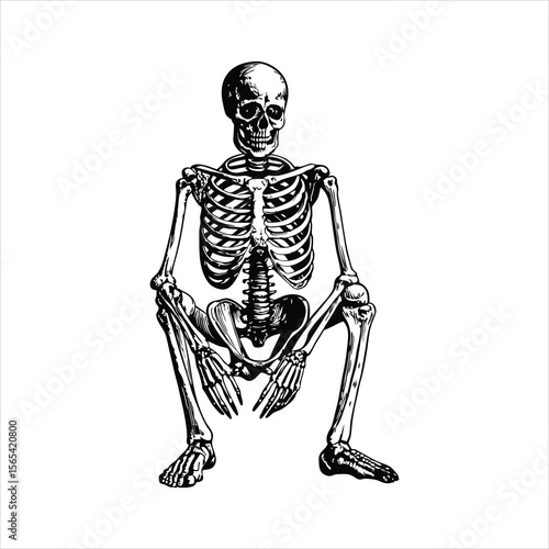 Human skeleton is squatting, isolated on white background