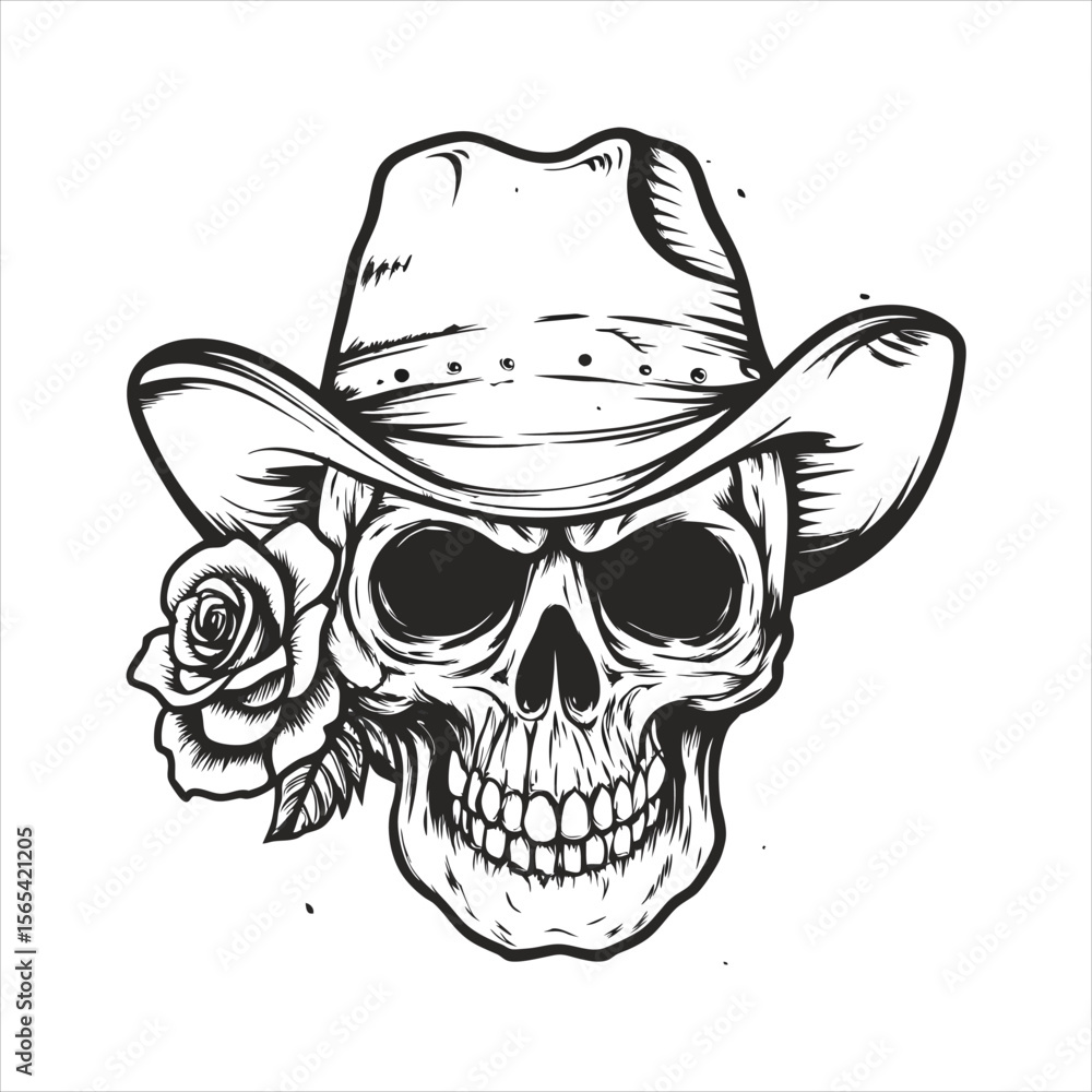 Fototapeta premium Skull wearing a cowboy hat is adorned with a rose, isolated on white background