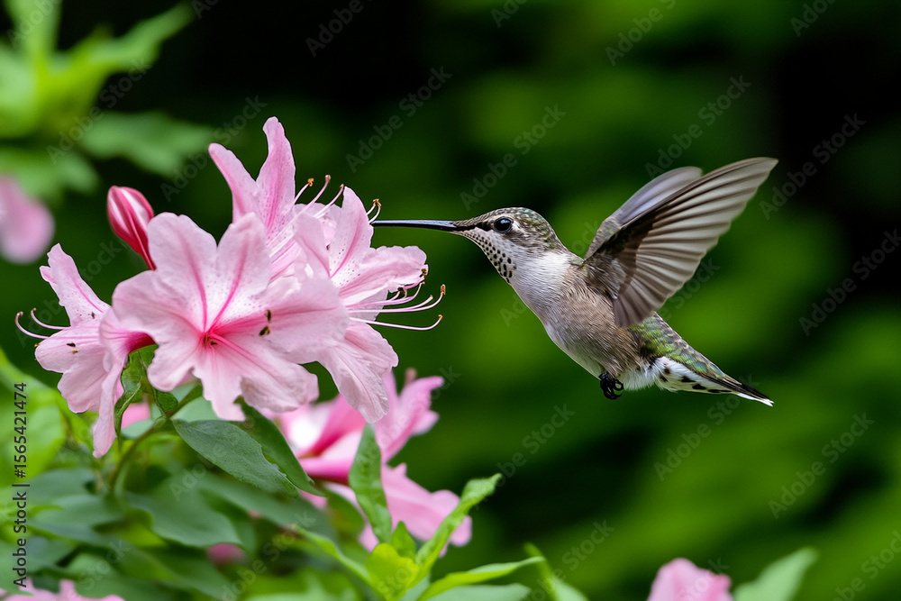 Fototapeta premium Beauty of nature with hummingbird near blooming flowers