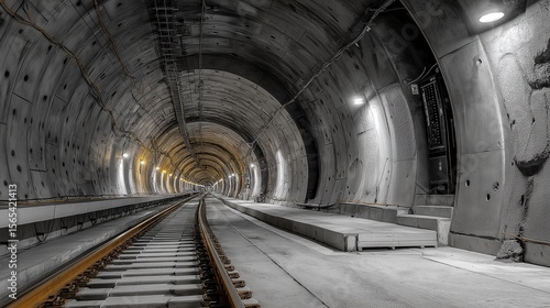 Illuminated Underground Tunnel with Railway Tracks