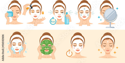 Skin care routine steps facial mask application beauty treatment infographic