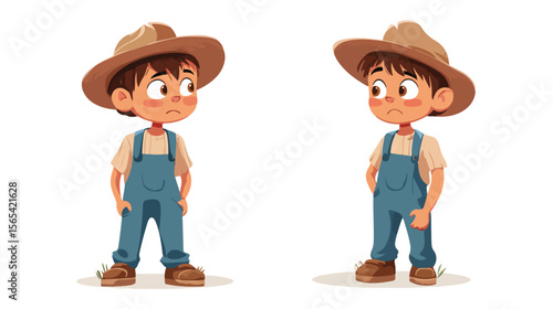Sad Bored Boy in Farmer Overalls Cartoon Character