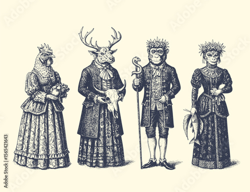 man and Women with animal heads. engraving illustration