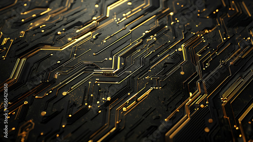 A black and gold computer chip design with a lot of gold and black lines