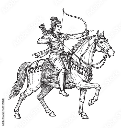 hand drawn illustration of Lord Krishna Indian God. engraving black and white Hindu God vector illustration isolated background