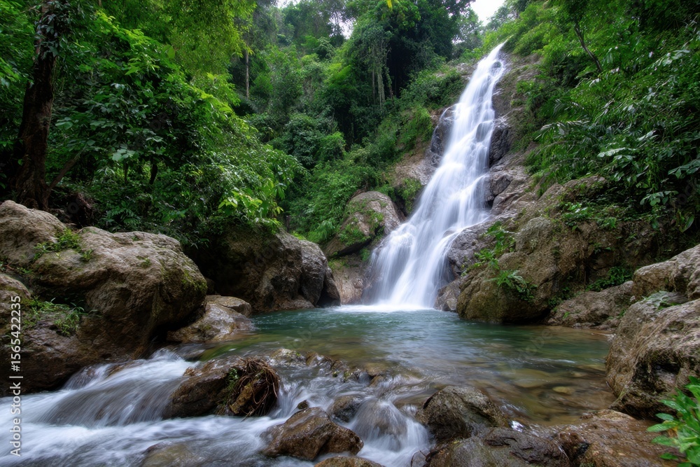 Majestic waterfall cascades through lush greenery in a tranquil forest setting Majestic waterfall cascades through lush greenery in a tranquil forest setting