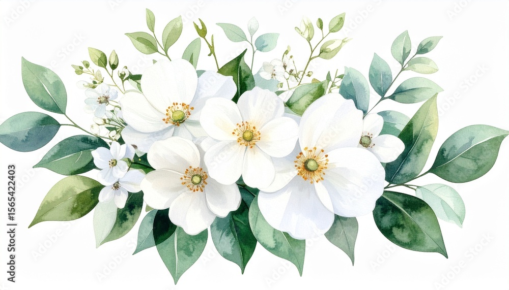 Fototapeta premium White flowers and mint green leaves watercolor botanical arrangement PNG illustration cut out hand drawn for digital marketing on transparent background