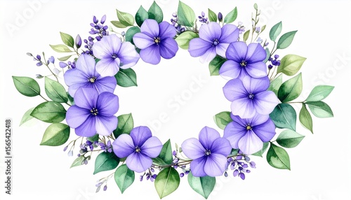 Purple flowers and emerald green leaves watercolor botanical wreath PNG illustration cut out hand drawn for home decor on transparent background