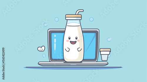Creative Illustration of Milk Bottle with Laptop Mascot Cartoon Vector Design