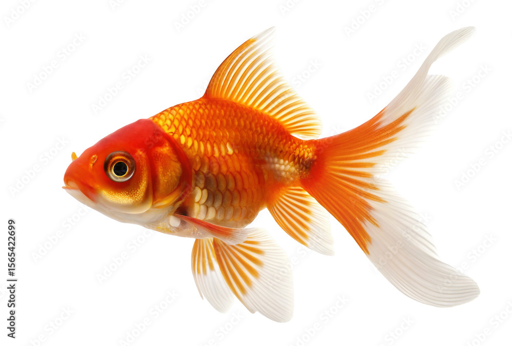 Vivid orange goldfish with white fins swimming against a clear background showing detailed scales now Vivid orange goldfish with white fins swimming against a clear background showing detailed scales now