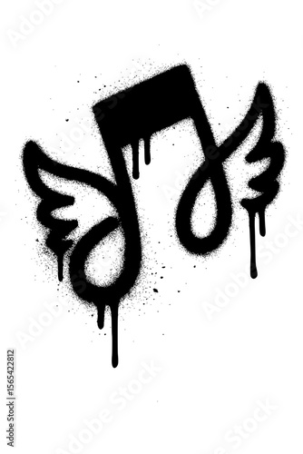 Black Graffiti Style Music Note with Wings on White Surface
