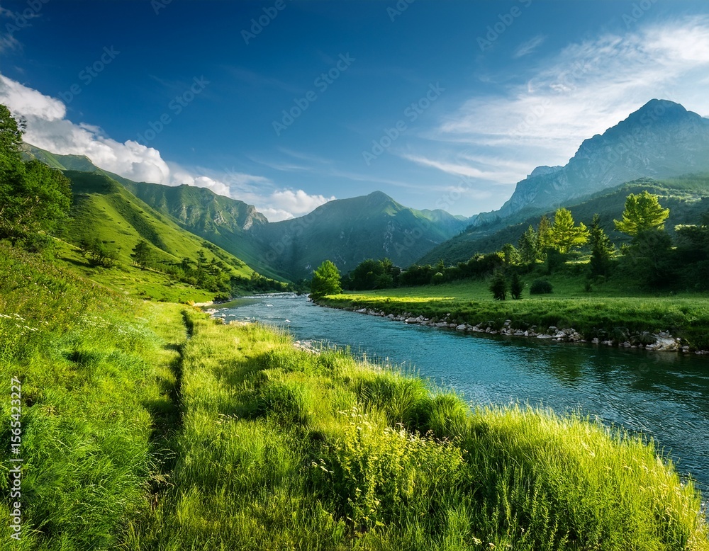 Fototapeta premium scenic mountainous landscape with serene river and lush greenery