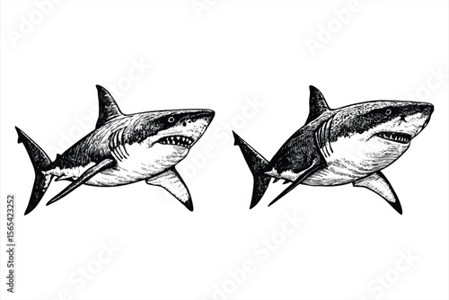 Realistic sharks are swimming isolated on white background