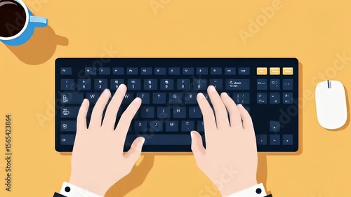 Hands type on keyboard; coffee and mouse sit on a yellow desk