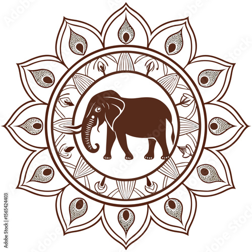 Brown elephant within circular floral mandala design vector