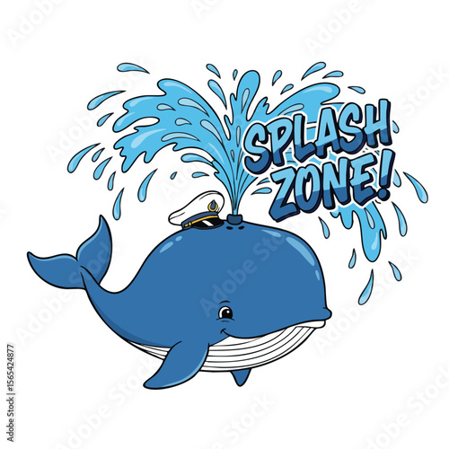 Cartoon Style Detailed Whale Spout with Sailor Hat Illustration