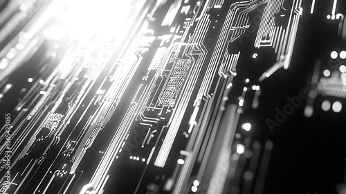 A computer chip is shown in a black and white photo