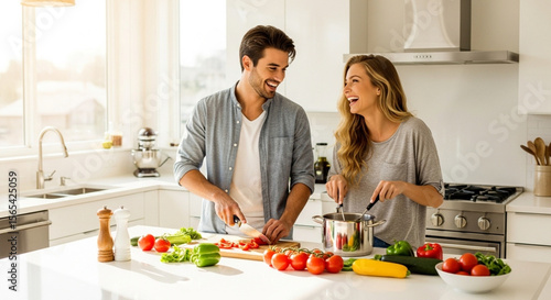 young couple cooking together