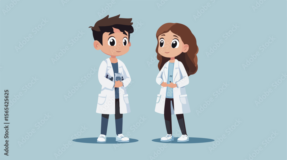Young Boy and Girl in Science Gown on Isolated Flat Surface Young Boy and Girl in Science Gown on Isolated Flat Surface