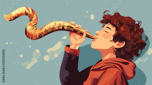 Young Boy Blowing the Shofar for Rosh Hashanah Celebration - Flat Vector Illustration