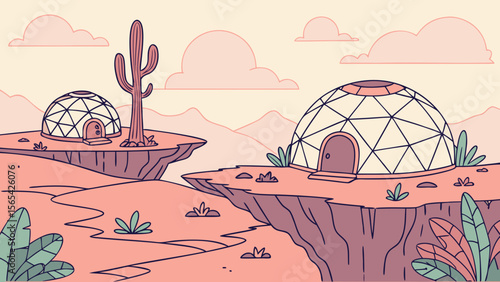 Desert landscape with geodesic dome houses and cactus illustration vector design art concept