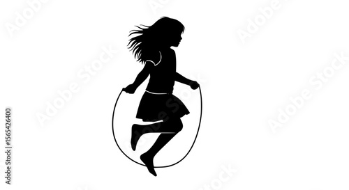 Young Girl Silhouette Engaged in Joyful Rope Skipping Activity Outdoors